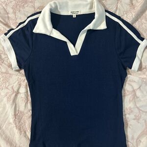 Navy and White Women's Polo Top